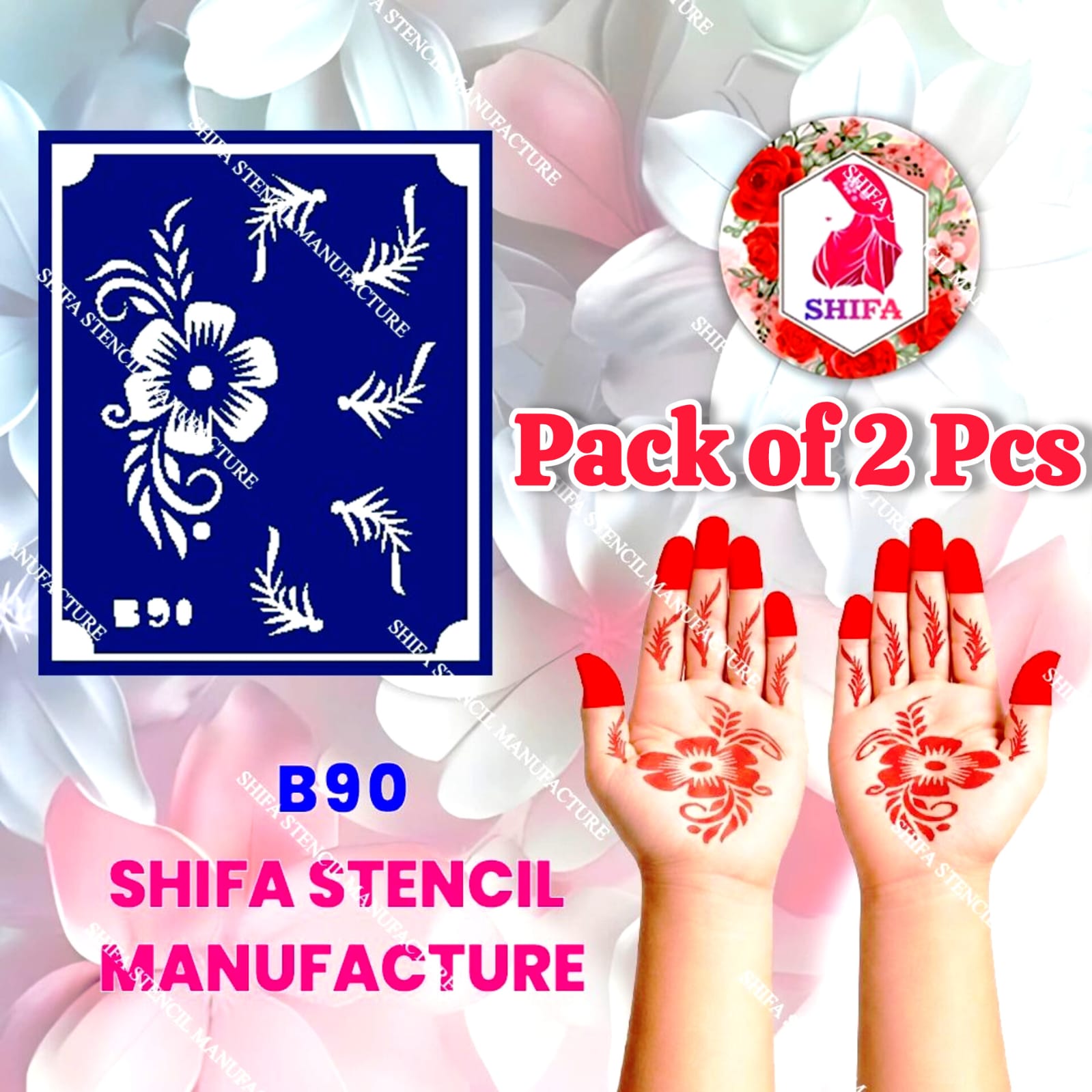 B90 (age 5 to 10) Blossom Breeze Elegance Double Hand Henna Stencil - Shifa Stencil